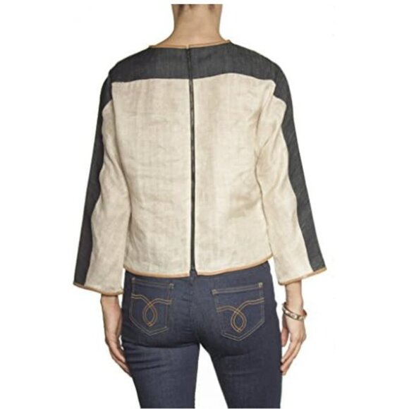 Dina Agam Anthropologie Linen Denim Lambskin Leather Crew Neck Long Sleeve Top M - Picture 2 of 12